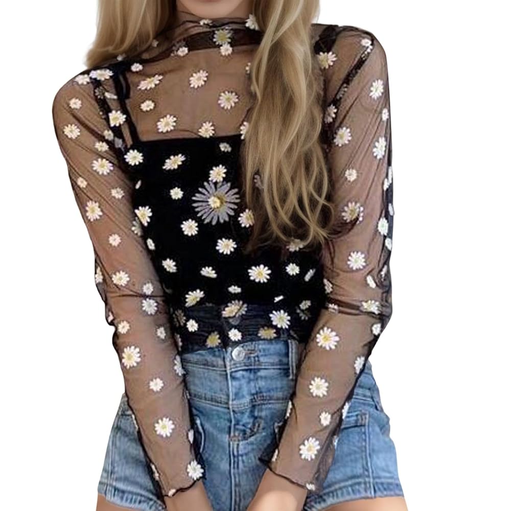 Womens Mesh Sheer Tops Long Sleeve See Through Blouse 2024